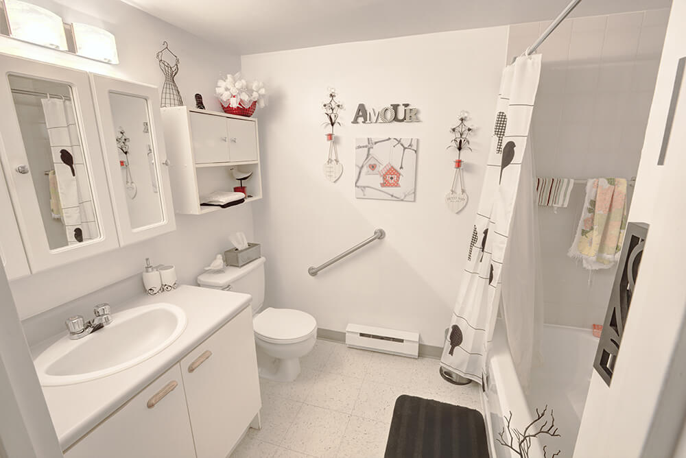 Salle de bain avec rangement dans un logement 4 1/2 des immeubles Mercure-Giroux