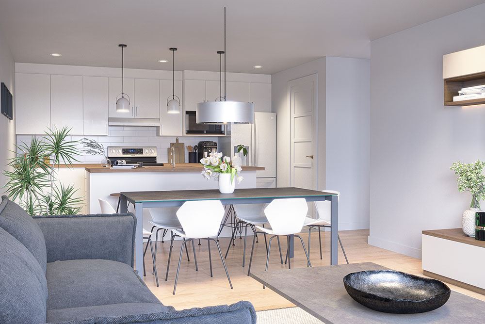 Salon d'un condo locatif du projet Littera à Drummondville avec vue sur la salle à manger et la cuisine