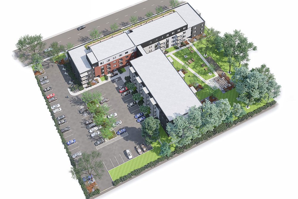 Vue aérienne du projet de condos locatifs Littera à Drummondville avec l'immeuble, la cour arrière et le stationnement